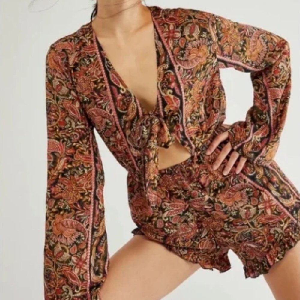 NWT Free People | RAGA Black & Red Patterned Long-Sleeve Romper - Size L